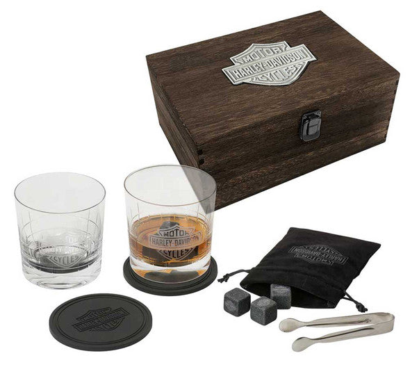Harley-Davidson® Bar & Shield Logo Premium Whiskey Glass Wooden Box Gift Set